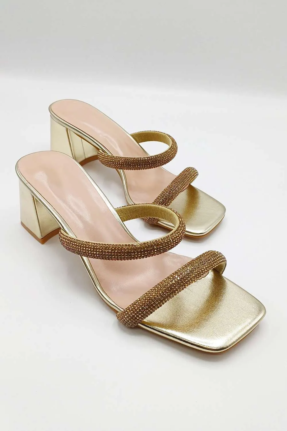 Melina Block Heel Diamante Embellished Mules in Gold