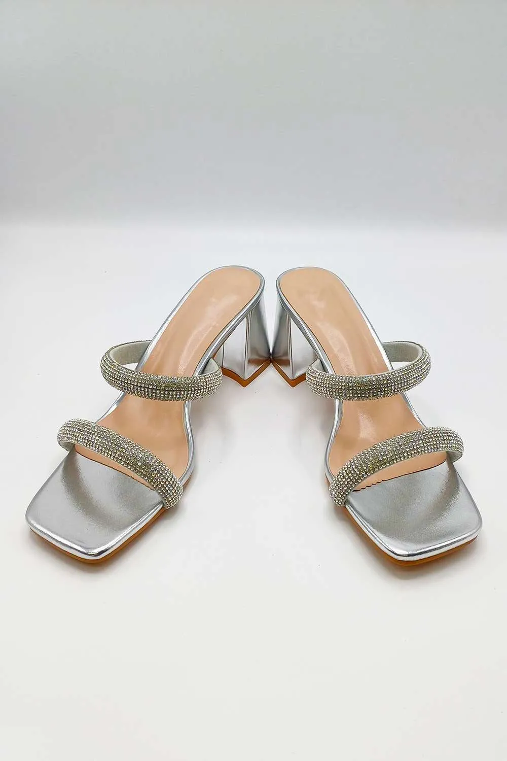 Melina Block Heel Diamante Embellished Mules in Silver