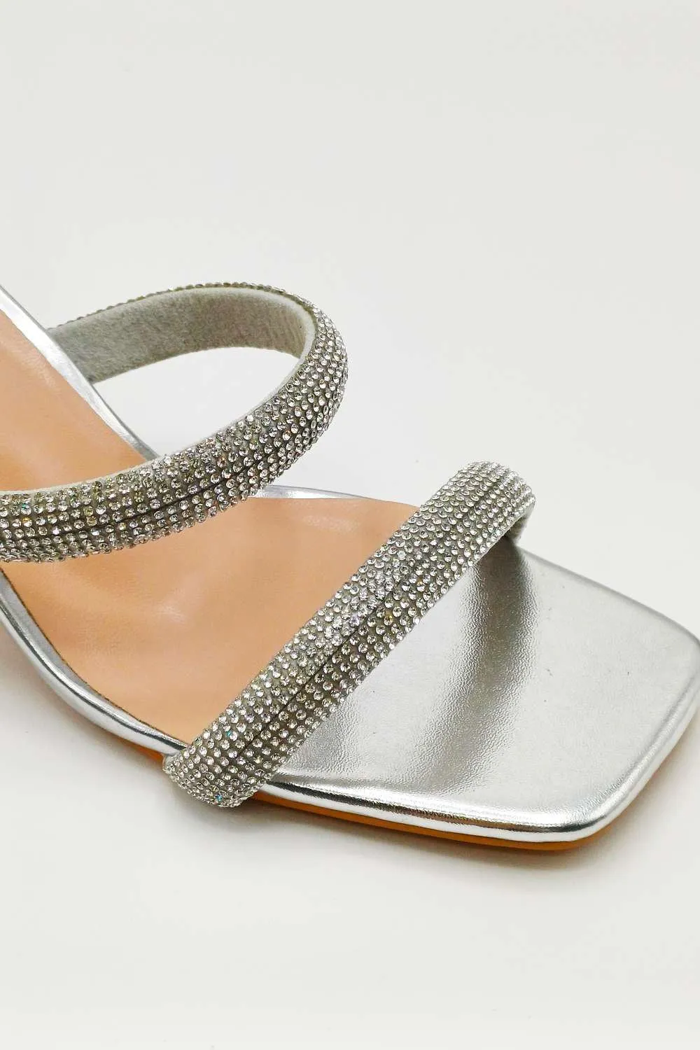 Melina Block Heel Diamante Embellished Mules in Silver