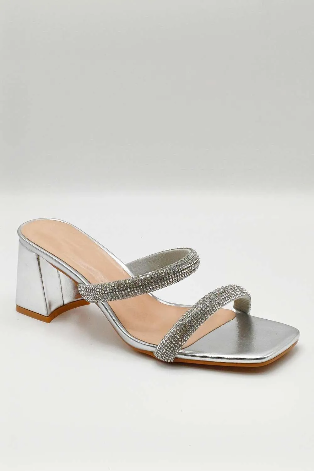 Melina Block Heel Diamante Embellished Mules in Silver