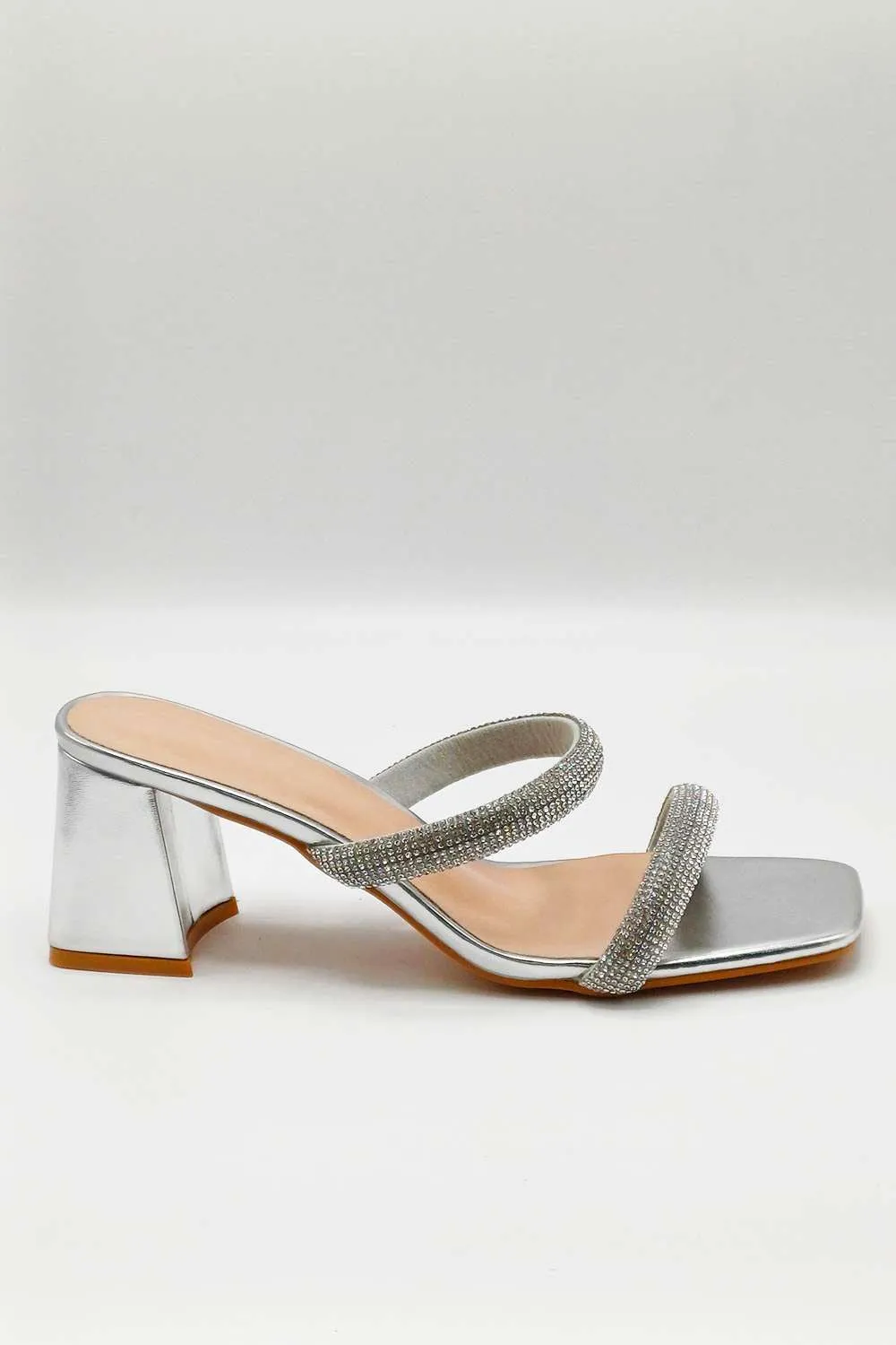 Melina Block Heel Diamante Embellished Mules in Silver
