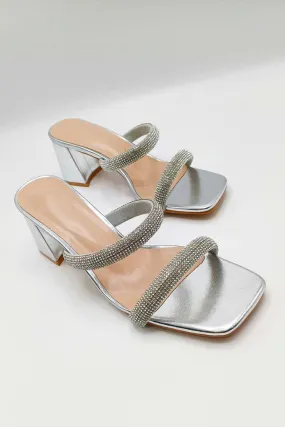 Melina Block Heel Diamante Embellished Mules in Silver