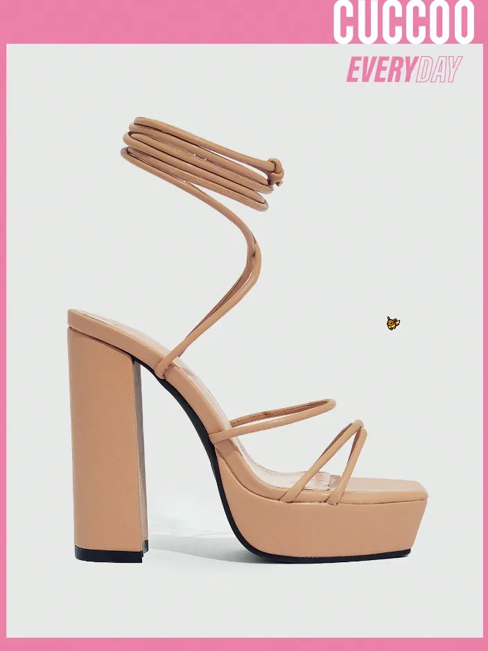 NEW Cuccoo Everyday Collection Women Tie Leg Design Chunky Heeled Strappy Sandals, Fashion Sandals - Size 9.5 High Heel Shoe
