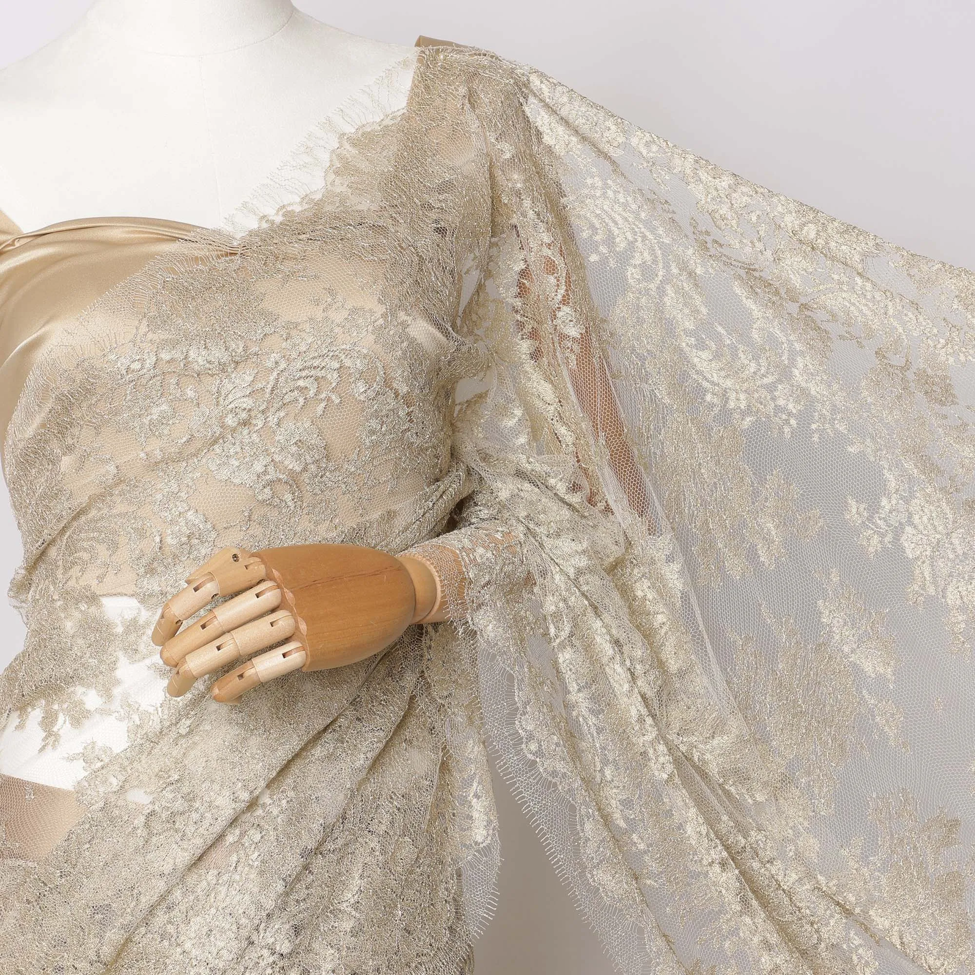 Off white, Champagne Gold Metallic French Chantilly Lace Fabric – 5.5 Meters, Floral Design, 110 cm Width-D21079