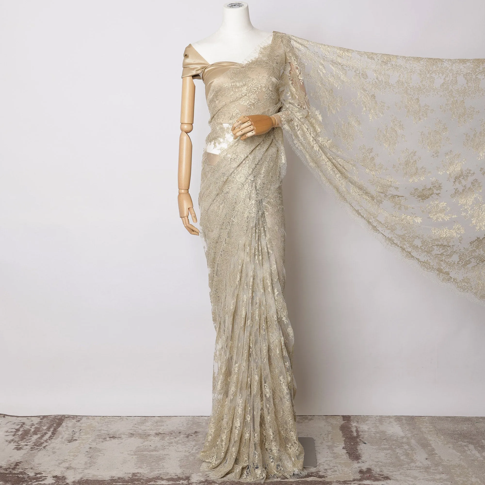 Off white, Champagne Gold Metallic French Chantilly Lace Fabric – 5.5 Meters, Floral Design, 110 cm Width-D21079
