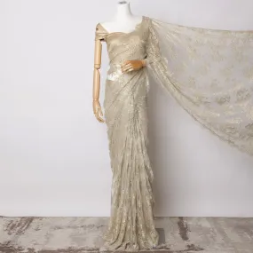 Off white, Champagne Gold Metallic French Chantilly Lace Fabric – 5.5 Meters, Floral Design, 110 cm Width-D21079