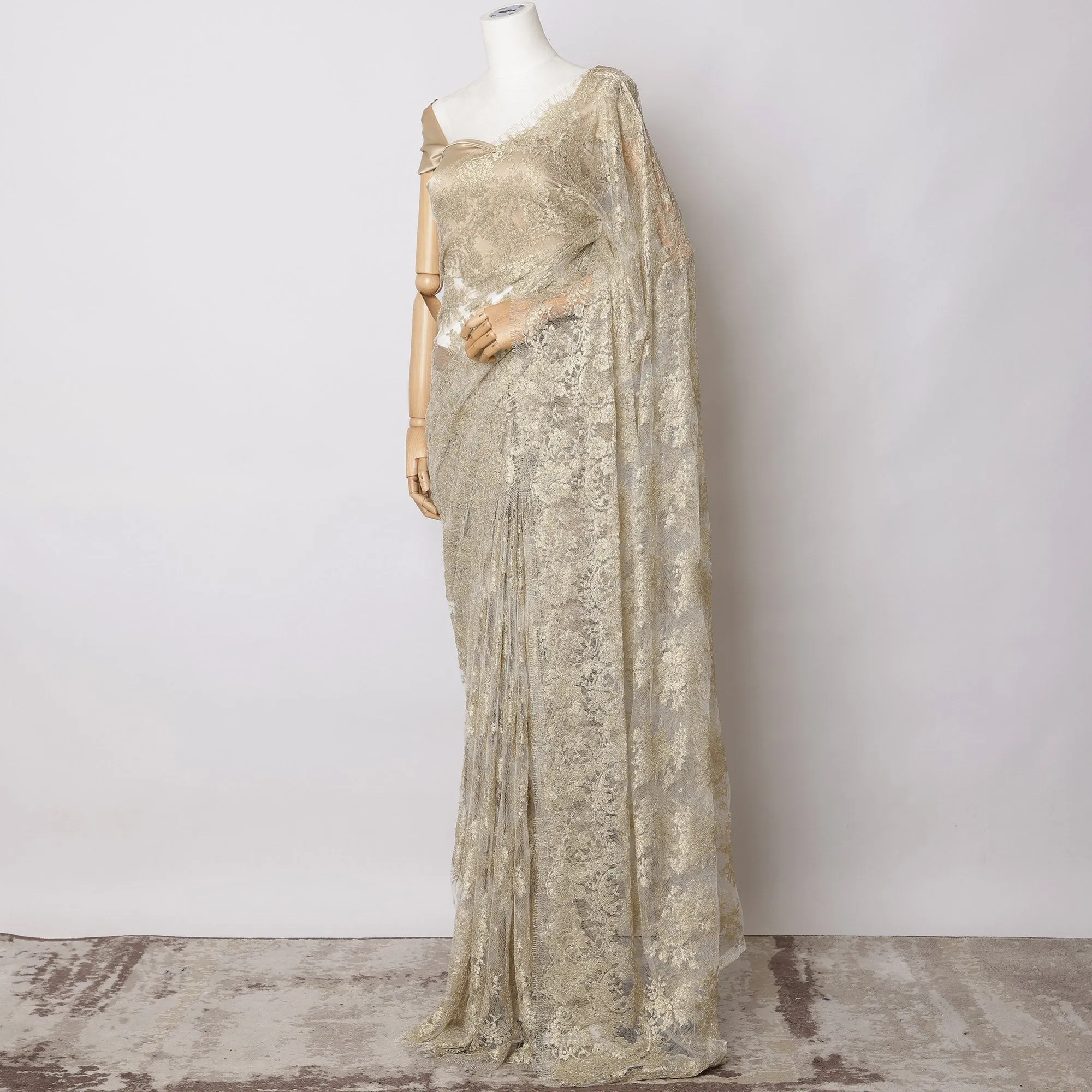 Off white, Champagne Gold Metallic French Chantilly Lace Fabric – 5.5 Meters, Floral Design, 110 cm Width-D21079