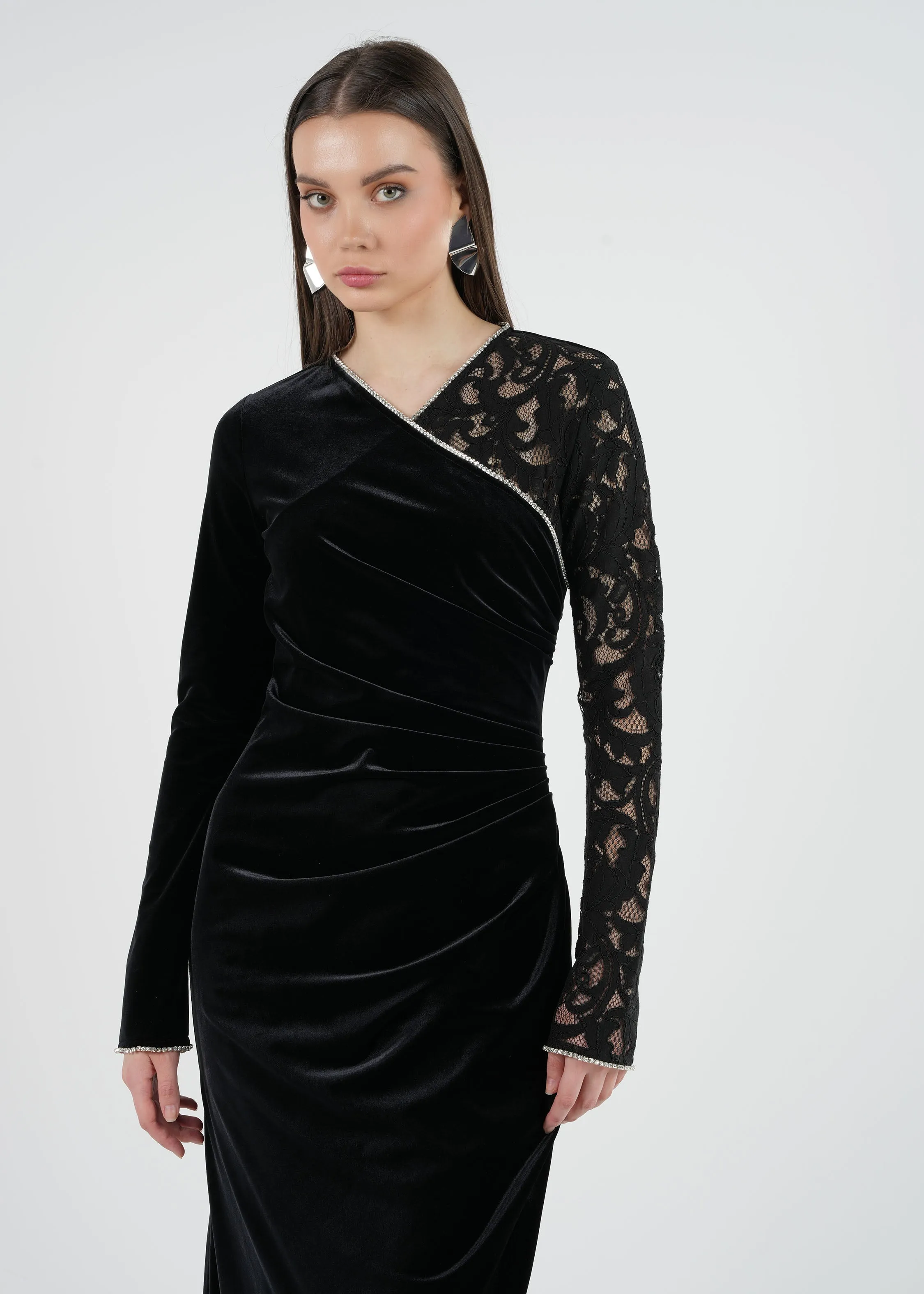 One-Shoulder Velvet & Lace Evening Gown with Embellished Cuff