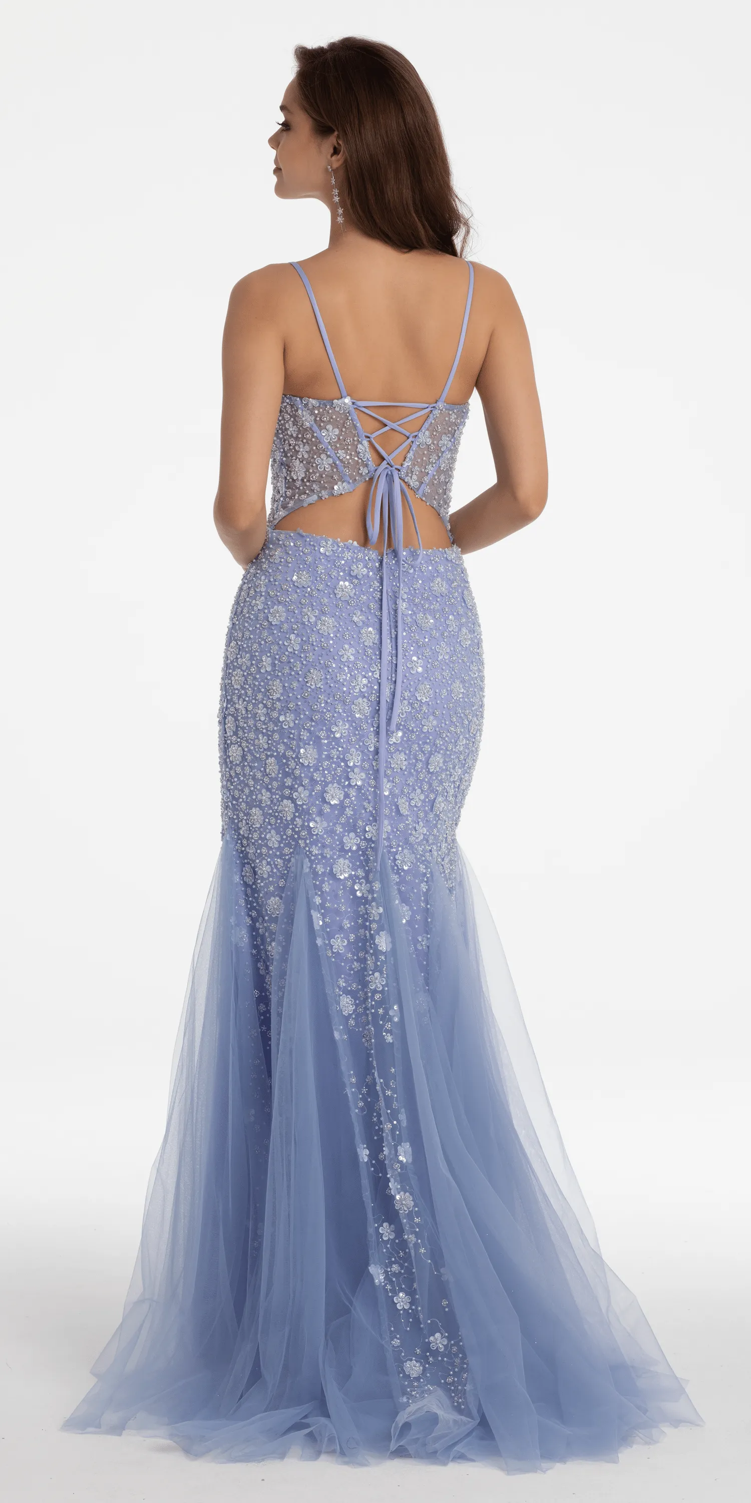 Plunging Pearl Corset Embellished Keyhole Back Dress