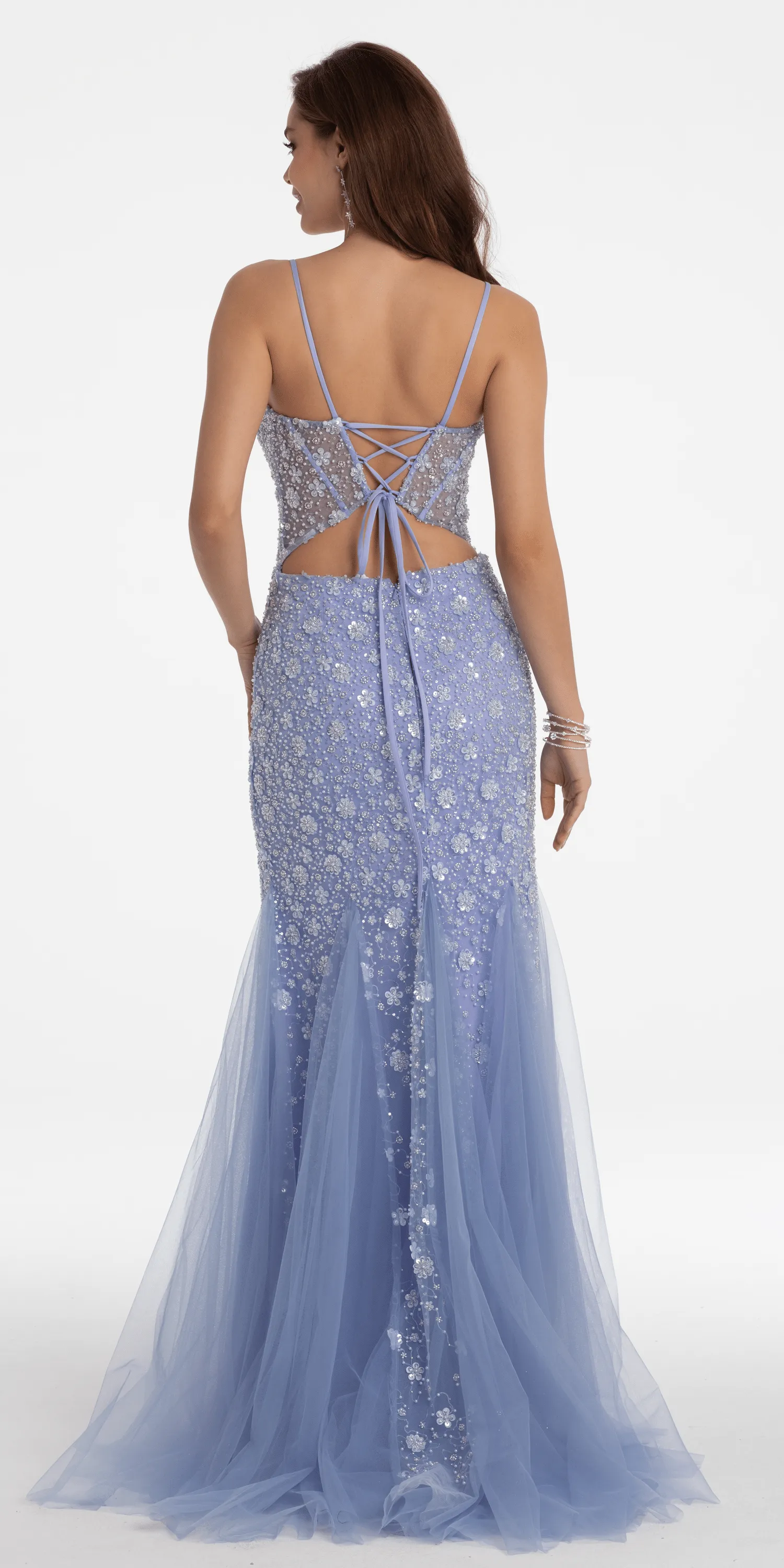 Plunging Pearl Corset Embellished Keyhole Back Dress