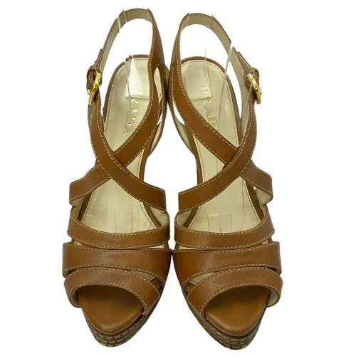 PRADA Brown Leather Strappy Slingback Stitched Platform Sandals,  Size 37