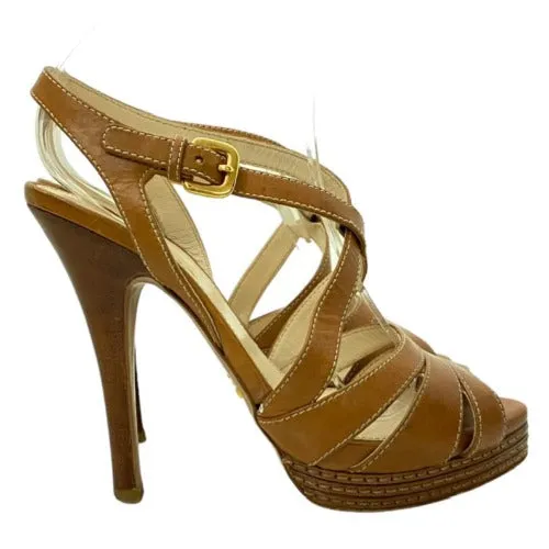 PRADA Brown Leather Strappy Slingback Stitched Platform Sandals,  Size 37