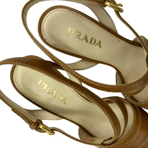 PRADA Brown Leather Strappy Slingback Stitched Platform Sandals,  Size 37