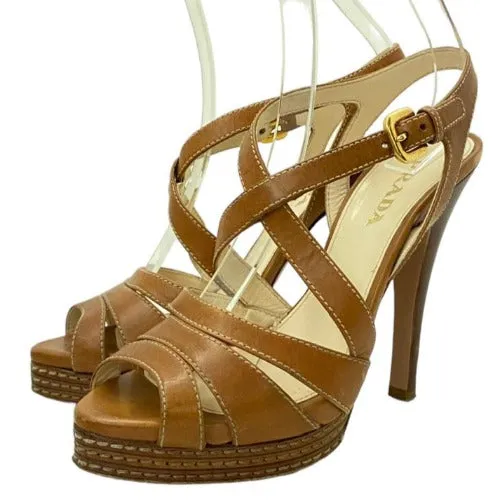 PRADA Brown Leather Strappy Slingback Stitched Platform Sandals,  Size 37