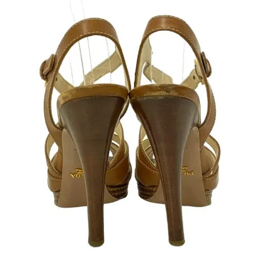 PRADA Brown Leather Strappy Slingback Stitched Platform Sandals,  Size 37