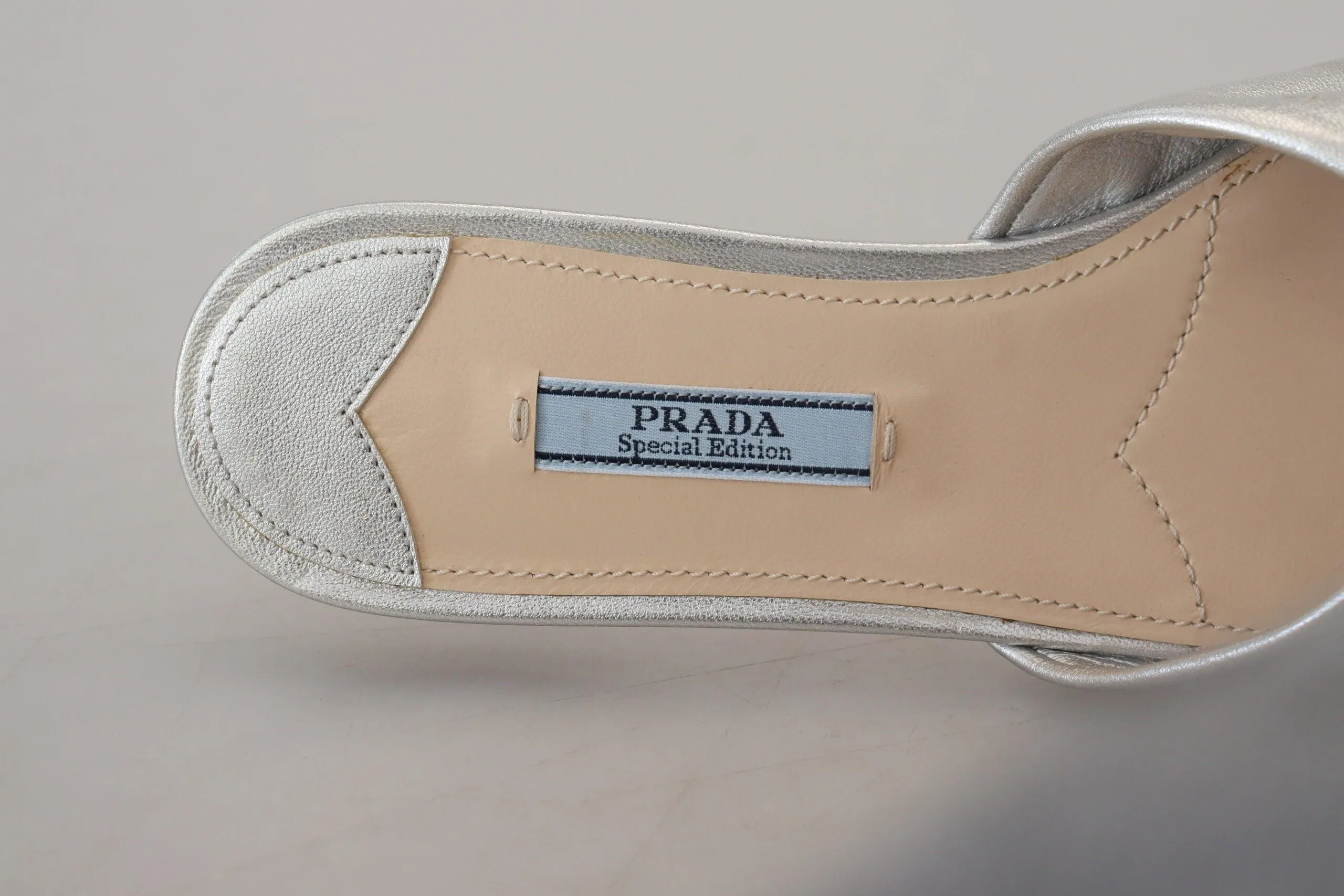 Prada Metallic Silver Leather Sandals Slip On Flats Shoes