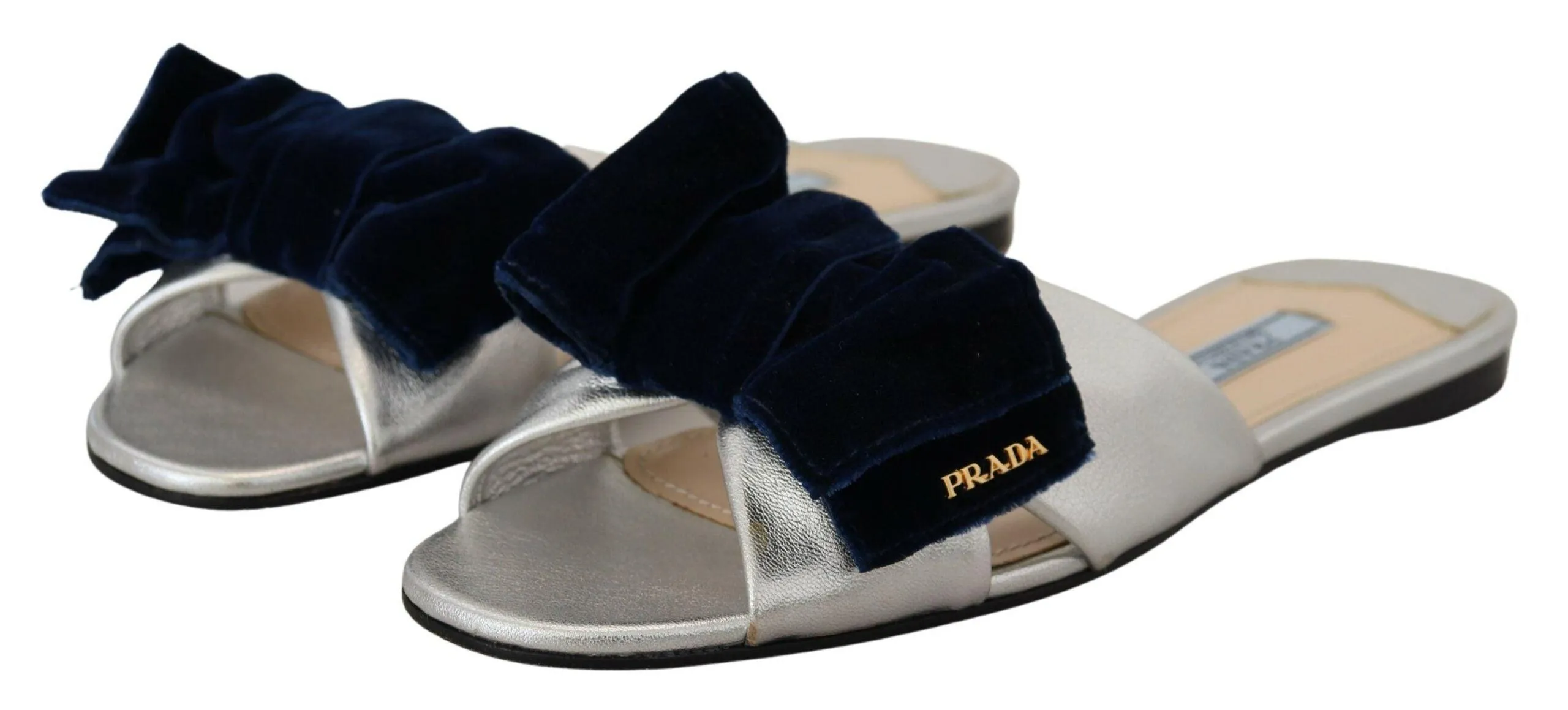Prada Metallic Silver Leather Sandals Slip On Flats Shoes