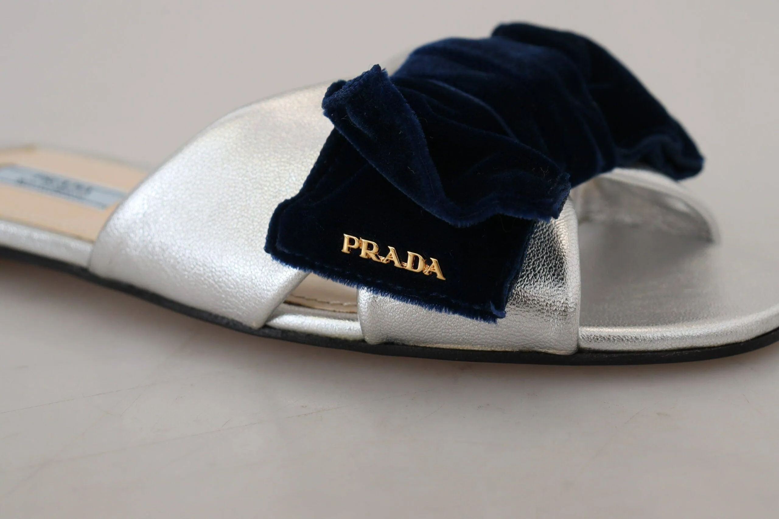 Prada Metallic Silver Leather Sandals Slip On Flats Shoes