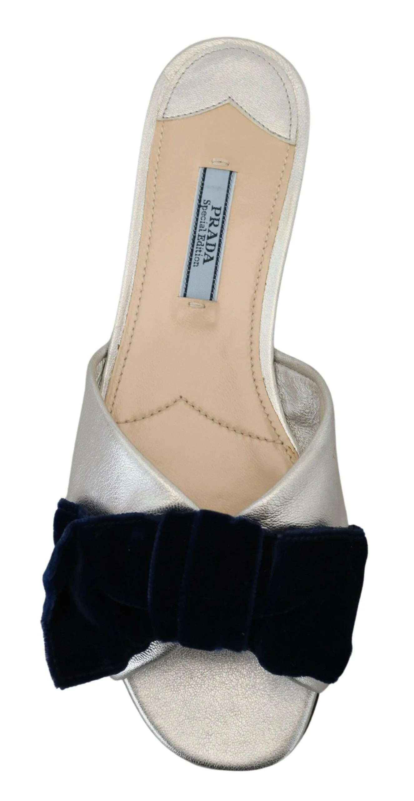 Prada Metallic Silver Leather Sandals Slip On Flats Shoes