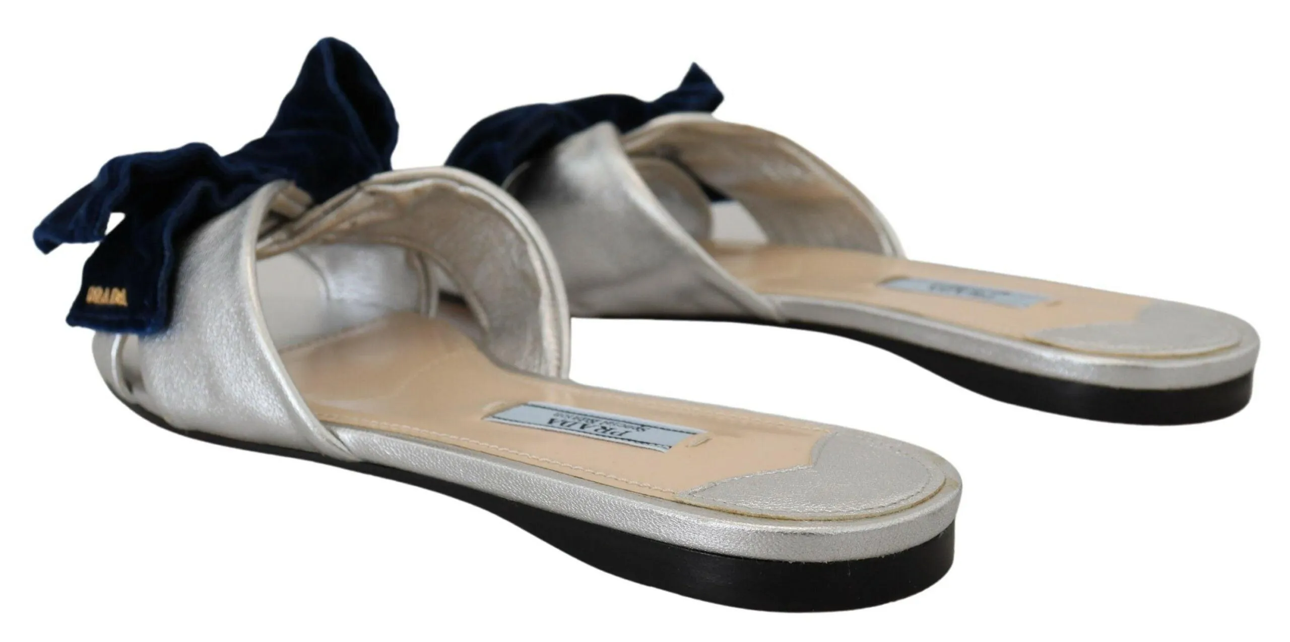 Prada Metallic Silver Leather Sandals Slip On Flats Shoes