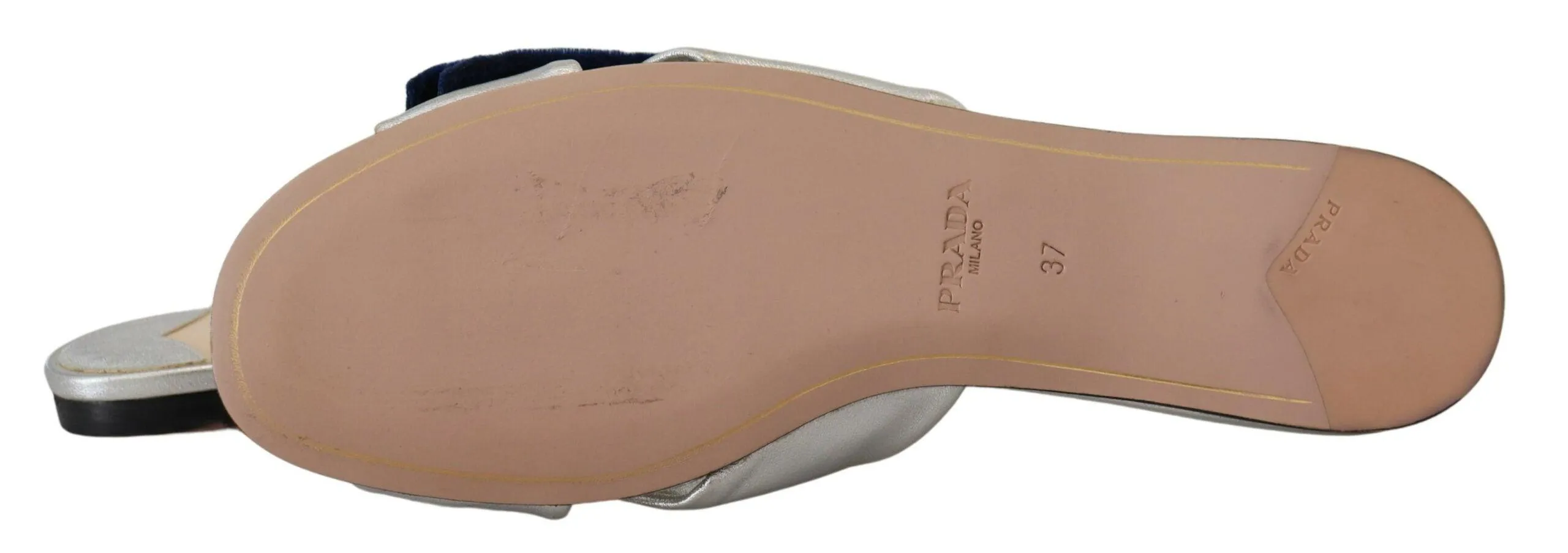 Prada Metallic Silver Leather Sandals Slip On Flats Shoes