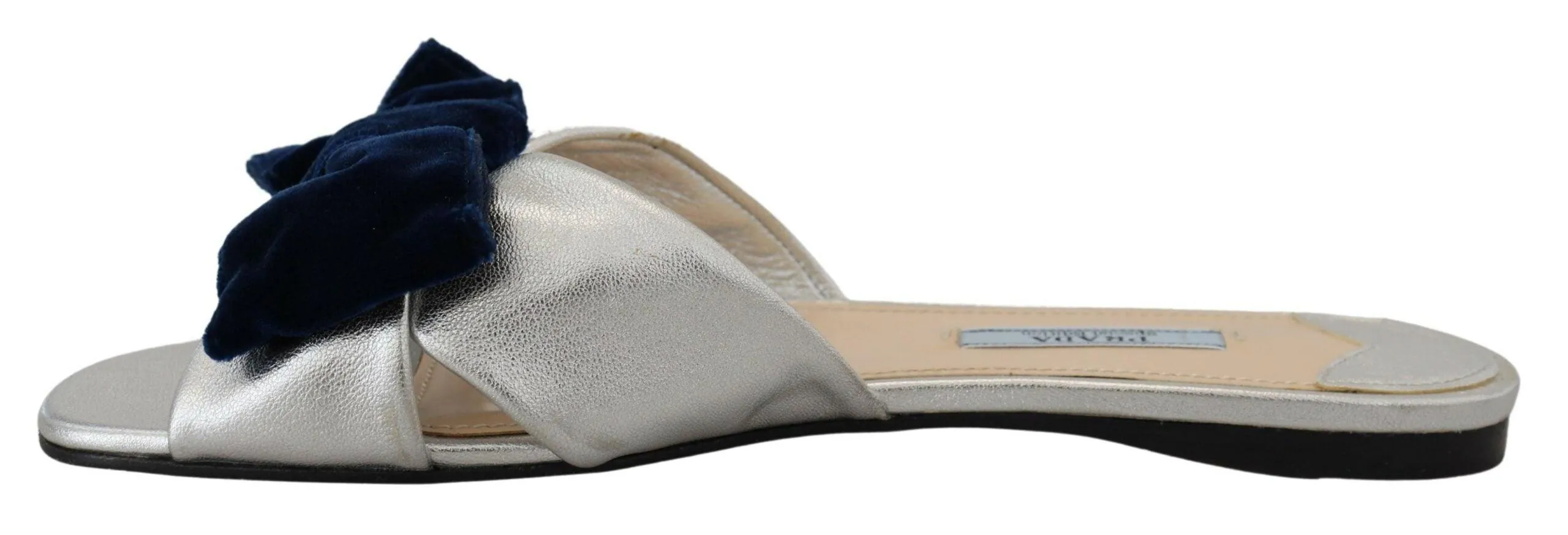 Prada Metallic Silver Leather Sandals Slip On Flats Shoes