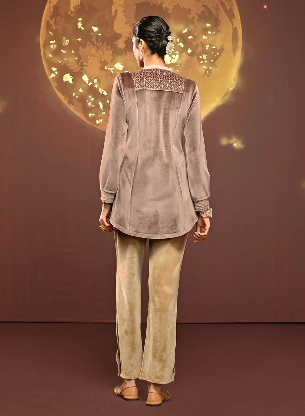 Qainaat Beige Embroidered Velvet Top for Women