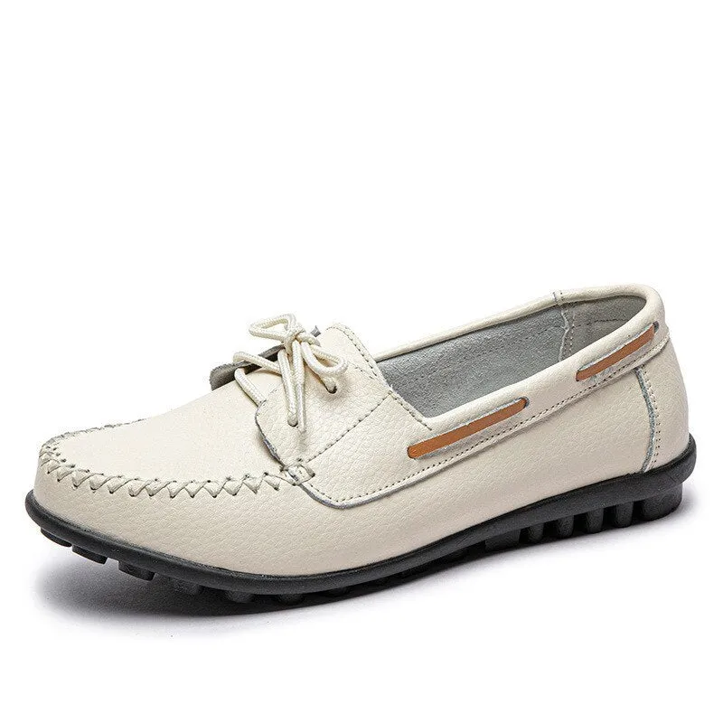 Retro Classic Ladies Loafers Lace Up Leather Comfy Nurse Flat Shoes Casualcomfort Sewing TPR Sole Shoes