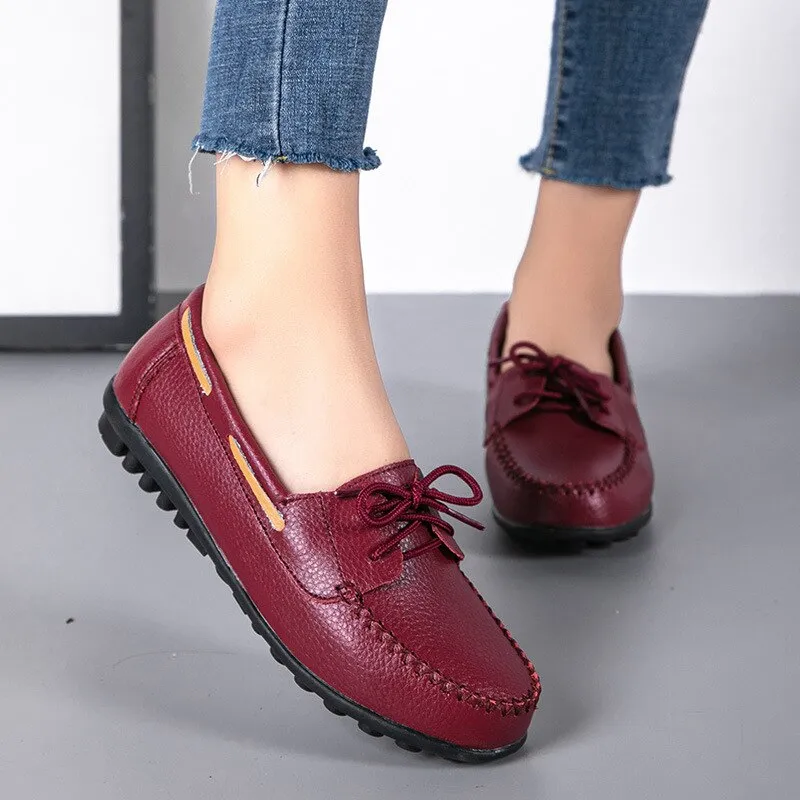 Retro Classic Ladies Loafers Lace Up Leather Comfy Nurse Flat Shoes Casualcomfort Sewing TPR Sole Shoes
