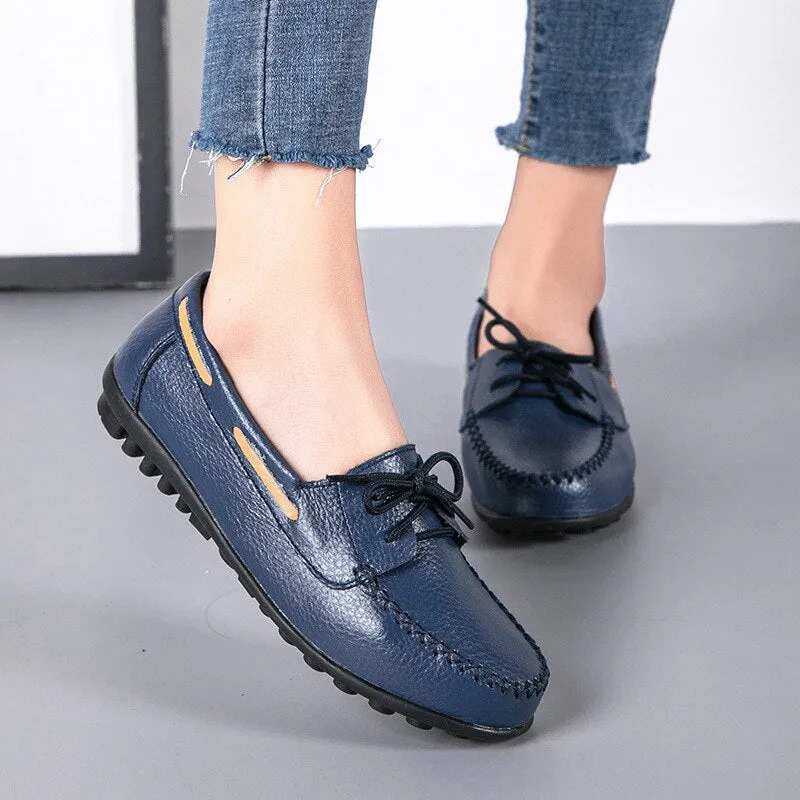 Retro Classic Ladies Loafers Lace Up Leather Comfy Nurse Flat Shoes Casualcomfort Sewing TPR Sole Shoes