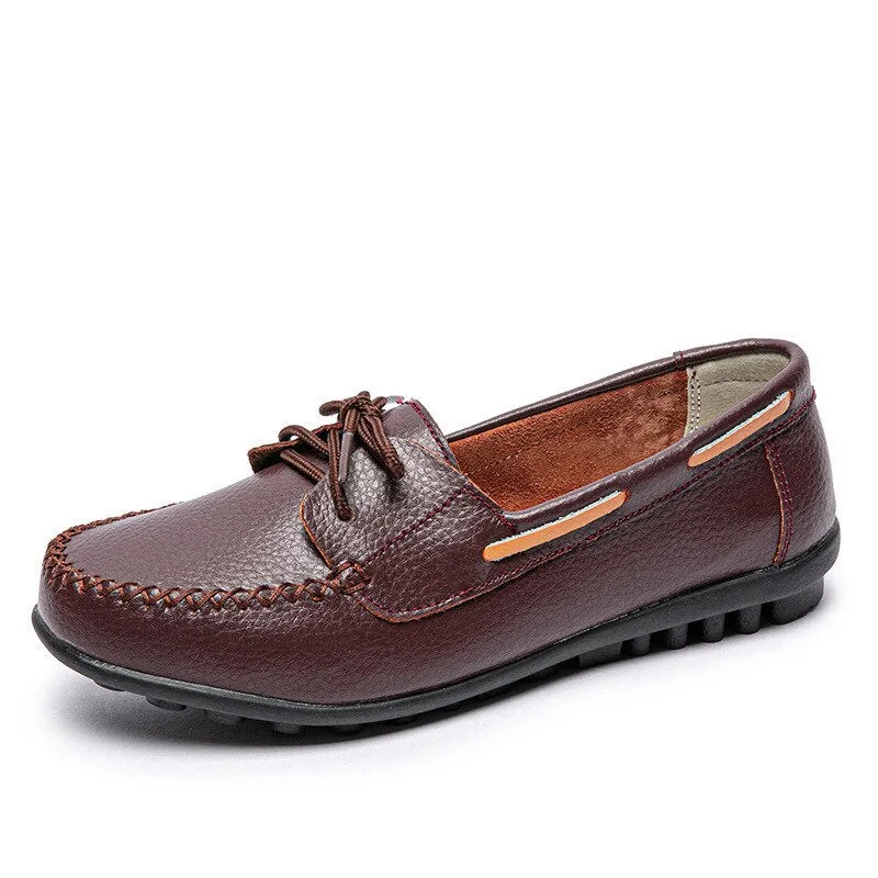 Retro Classic Ladies Loafers Lace Up Leather Comfy Nurse Flat Shoes Casualcomfort Sewing TPR Sole Shoes
