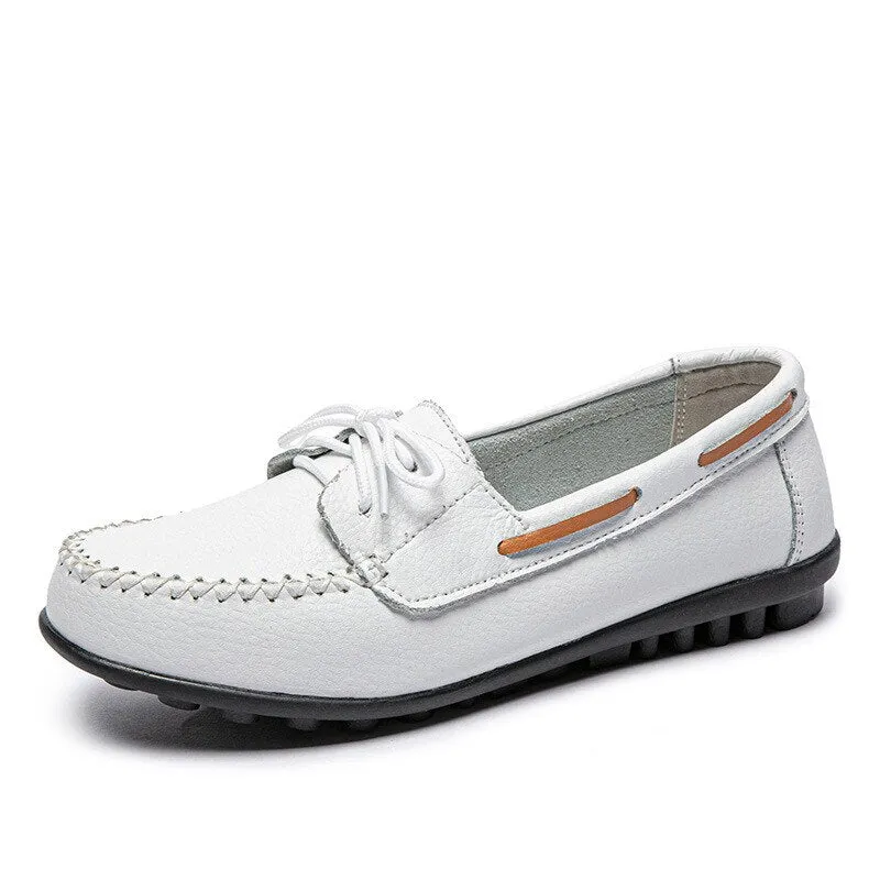 Retro Classic Ladies Loafers Lace Up Leather Comfy Nurse Flat Shoes Casualcomfort Sewing TPR Sole Shoes