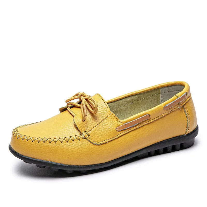 Retro Classic Ladies Loafers Lace Up Leather Comfy Nurse Flat Shoes Casualcomfort Sewing TPR Sole Shoes