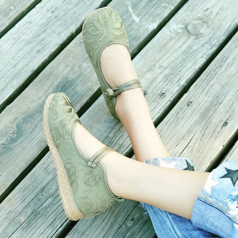 Rimocy Fashion Embroidery Flat Shoes Women  Spring Ankle Strap Non-slip Casual Shoes Woman Comfort Soft Sole Chinese Shoe