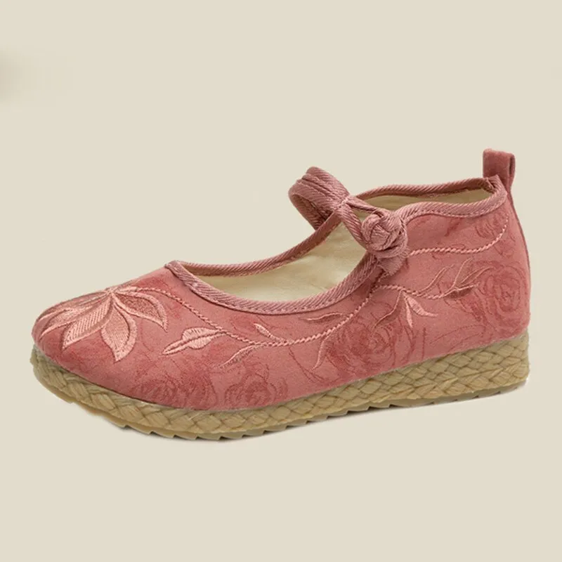 Rimocy Fashion Embroidery Flat Shoes Women  Spring Ankle Strap Non-slip Casual Shoes Woman Comfort Soft Sole Chinese Shoe