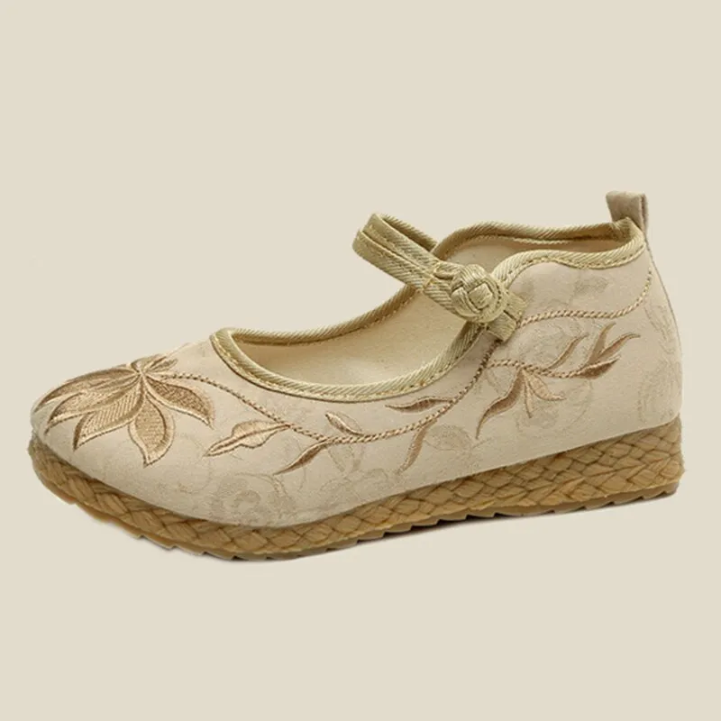 Rimocy Fashion Embroidery Flat Shoes Women  Spring Ankle Strap Non-slip Casual Shoes Woman Comfort Soft Sole Chinese Shoe