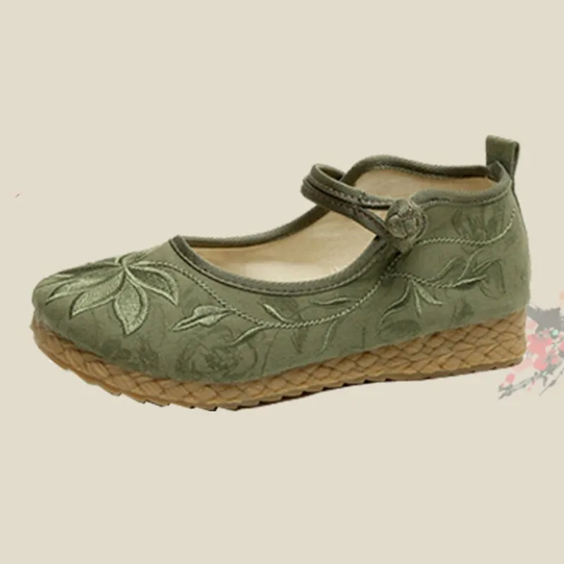 Rimocy Fashion Embroidery Flat Shoes Women  Spring Ankle Strap Non-slip Casual Shoes Woman Comfort Soft Sole Chinese Shoe