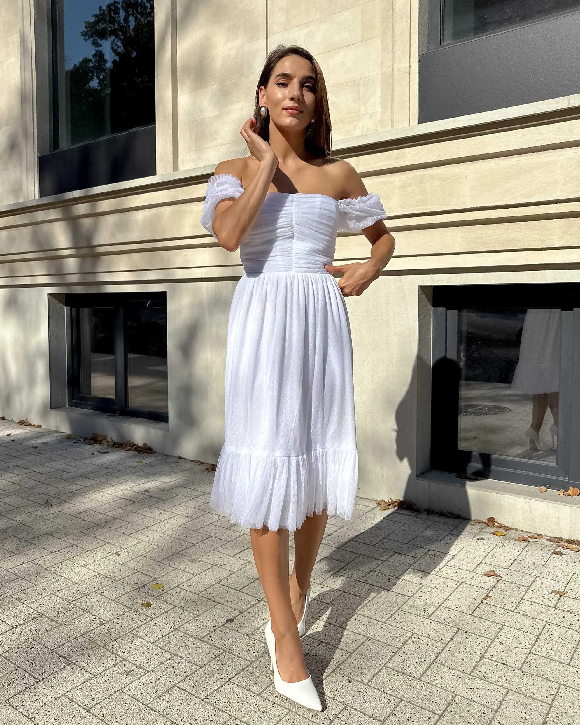 Rochie alba cununie midi cu corset