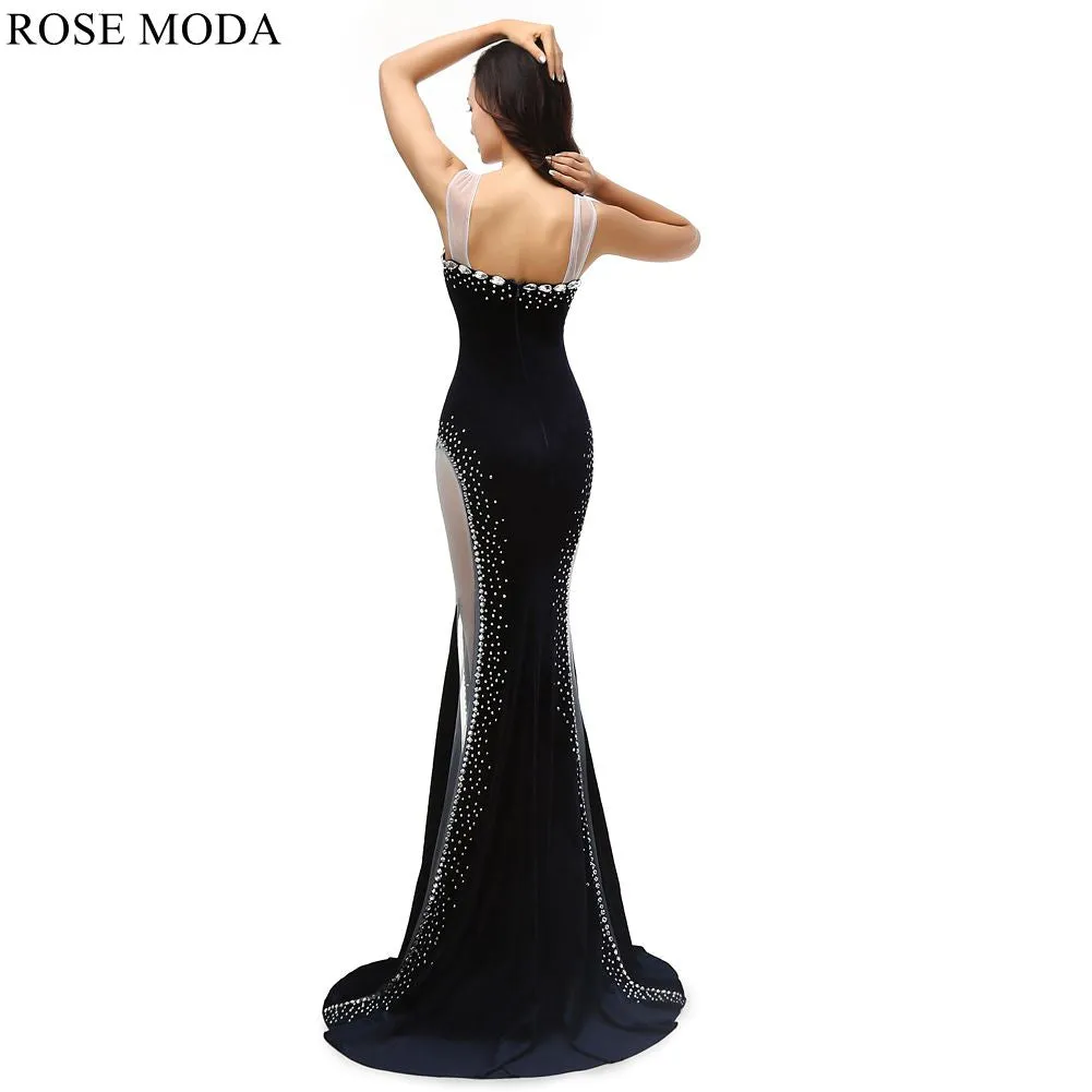 Rosemoda Sheath Beaded Velvet Long Evening Dress