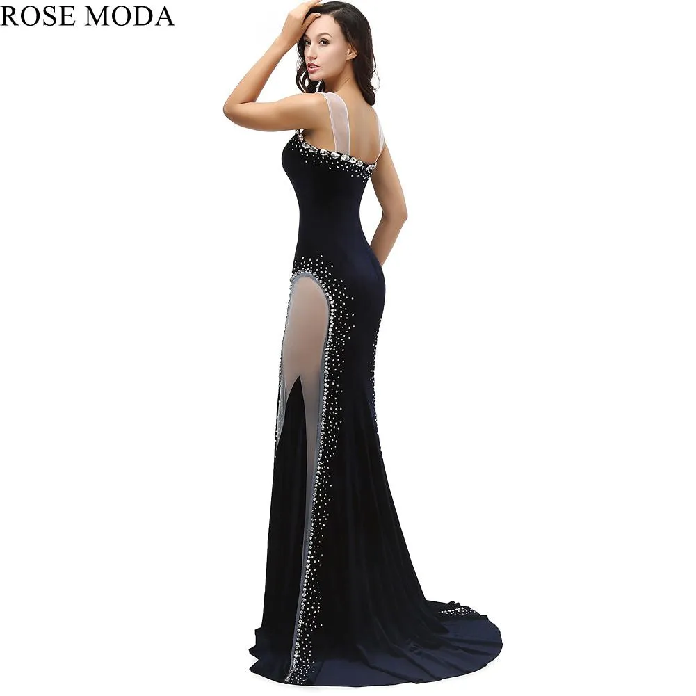 Rosemoda Sheath Beaded Velvet Long Evening Dress
