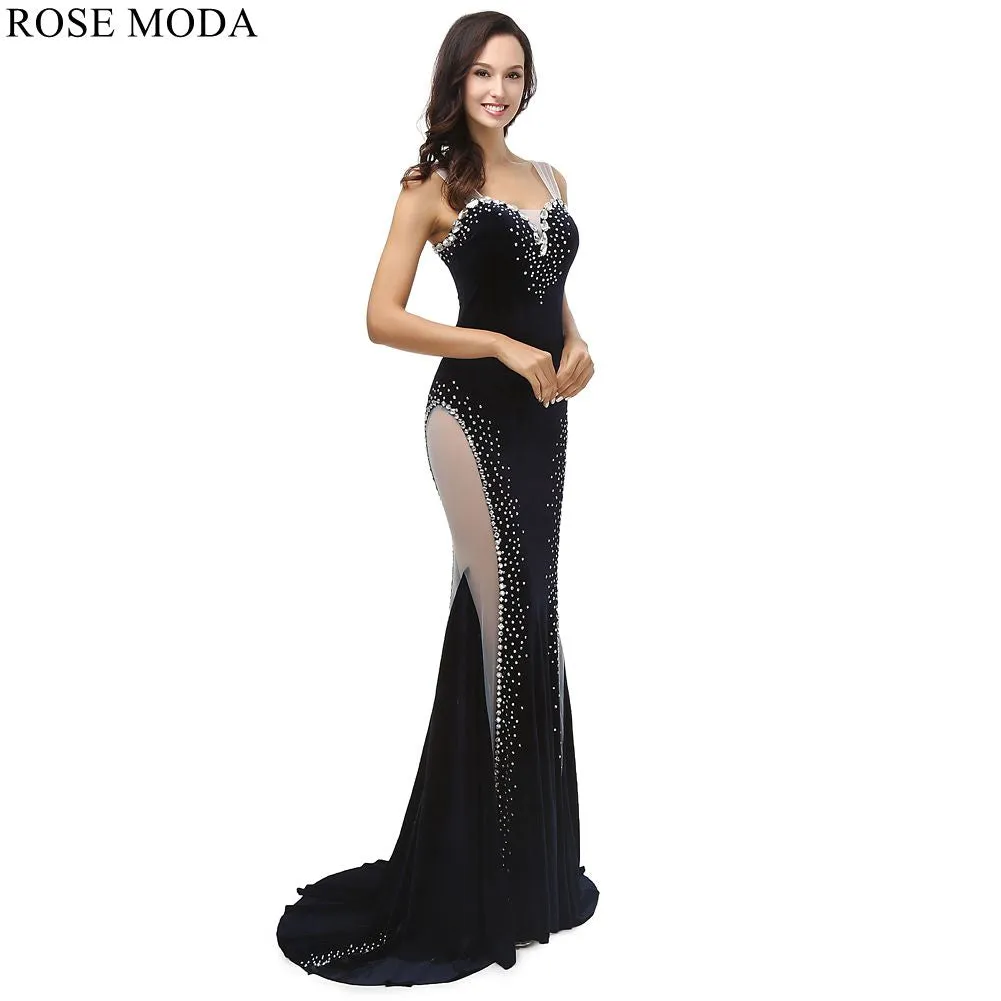 Rosemoda Sheath Beaded Velvet Long Evening Dress