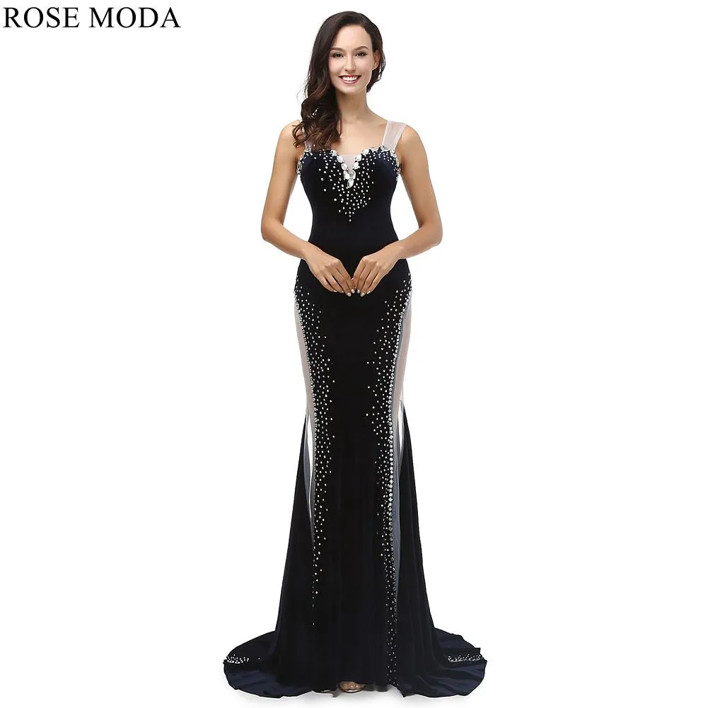 Rosemoda Sheath Beaded Velvet Long Evening Dress