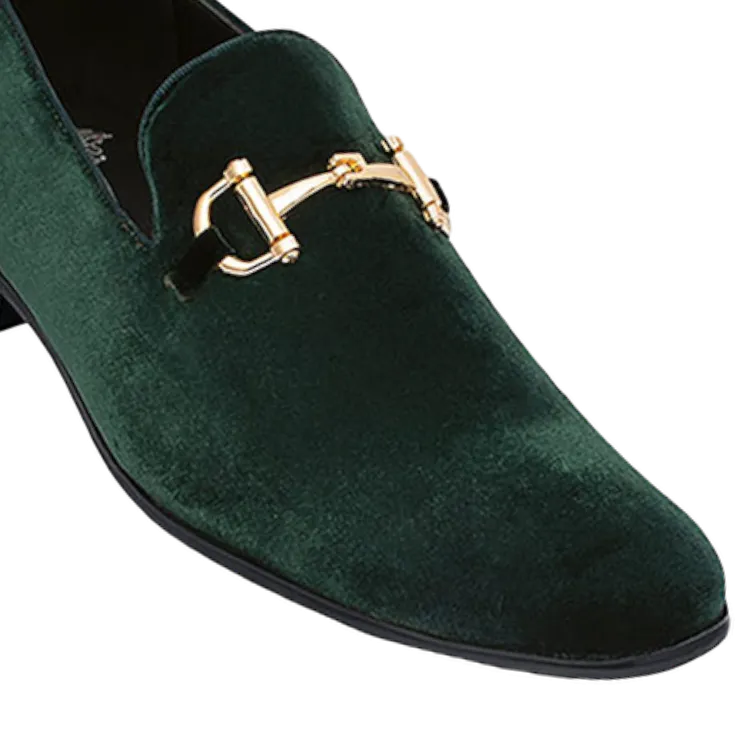 Royal shoes men's hunter green velvet slip on gold buckle fashion design