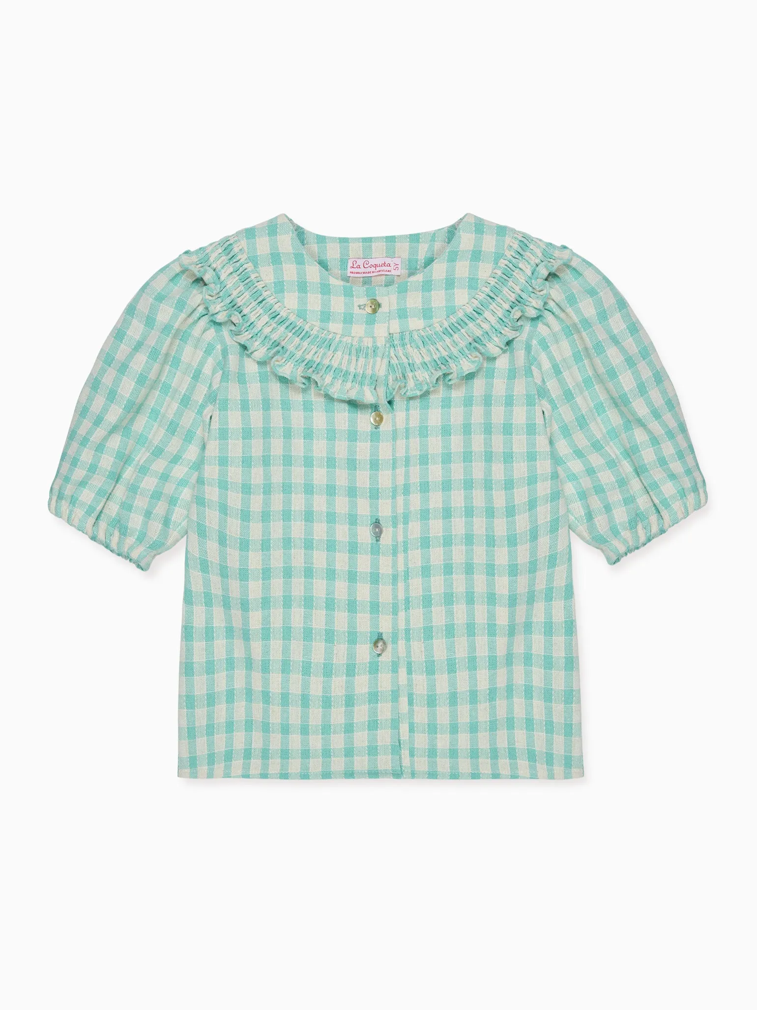 Sage Gingham Violetta Hand-Smocked Girl Shirt