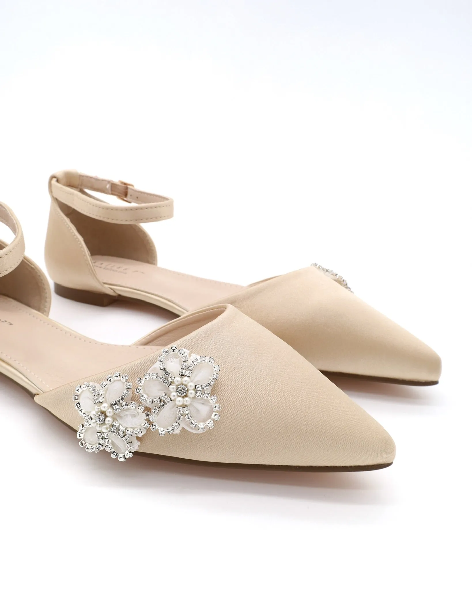Satin Pointy Toe Evening Flats with Rhinestones Chassia Flower