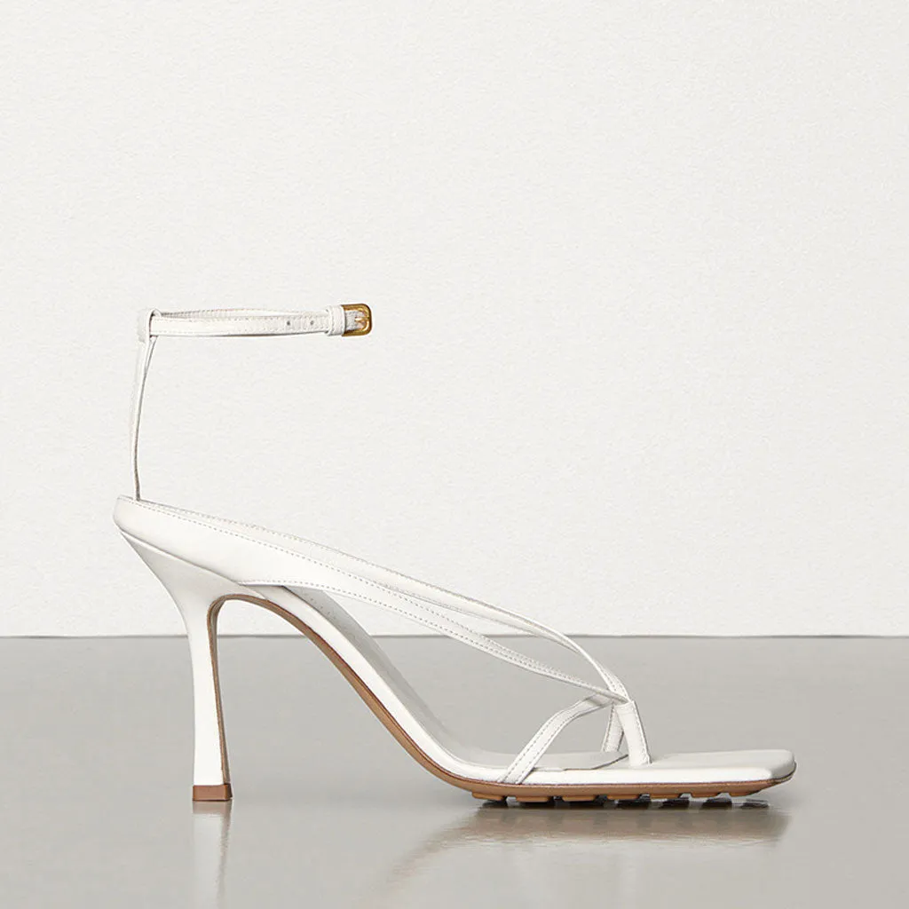 Seductive Thong Strap Faux Leather Square Toe Stiletto Sandals - White
