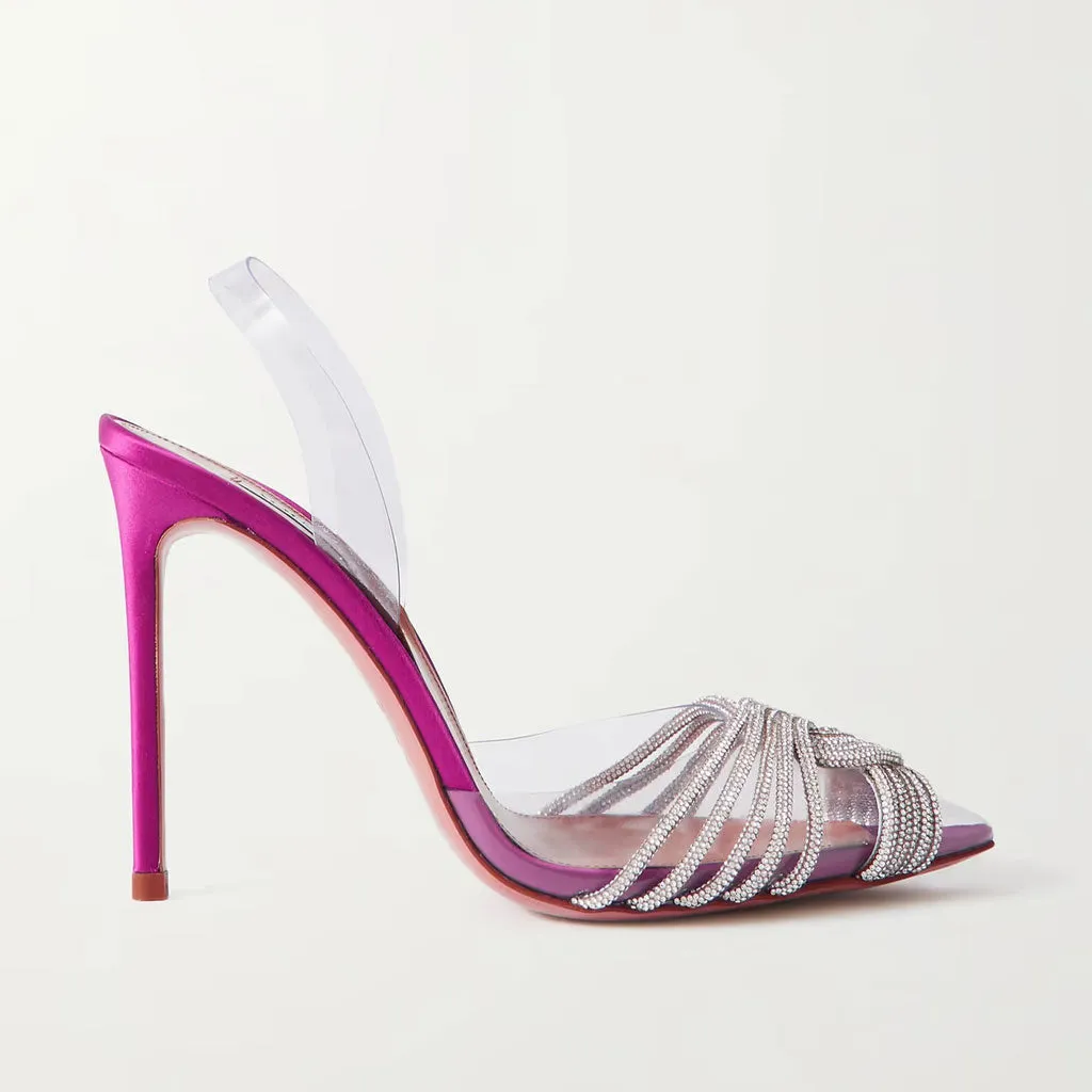 Shiny Crystal Embellished Clear PVC Stiletto Slingback Pumps - Fuchsia