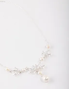 Silver Plated Cubic Zirconia Leaf Freshwater Pearl Y-Necklace