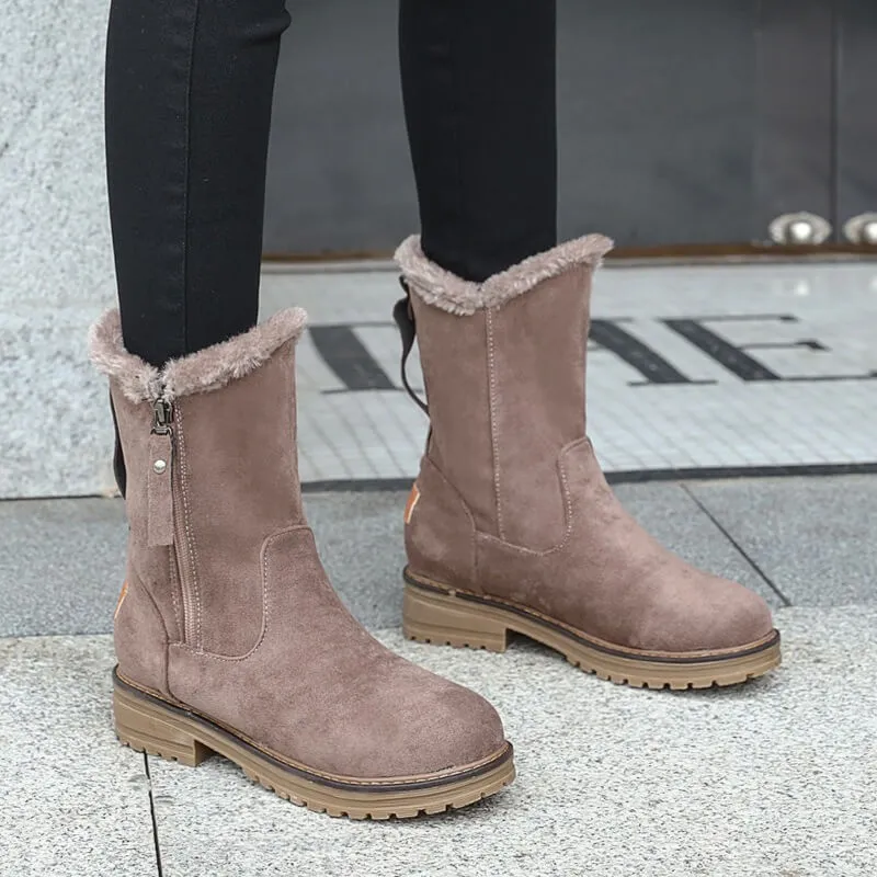 Snow Round Toe Zipper Low Heel Fur Boots