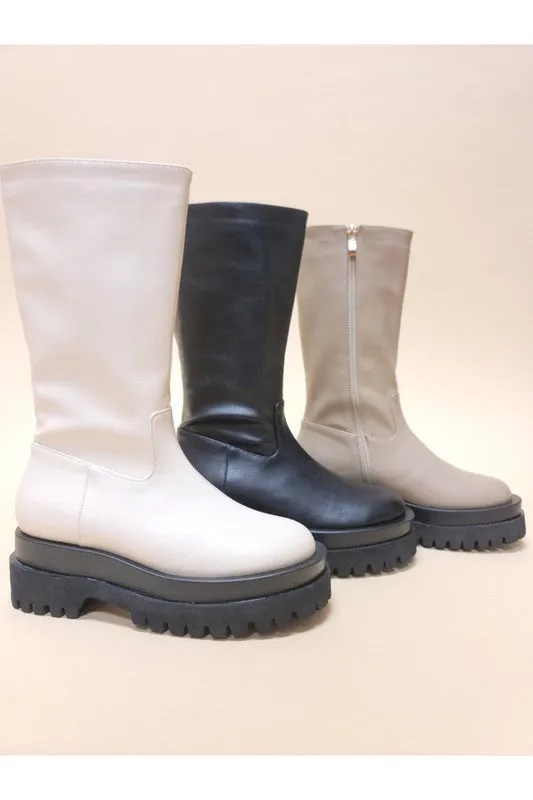 Soft Faux Leather Taupe Mid Calf Platform Boots